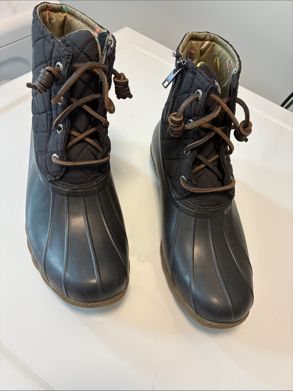 Sperry Black Quilted Duck Rain & Snow Boots with Brown Laces